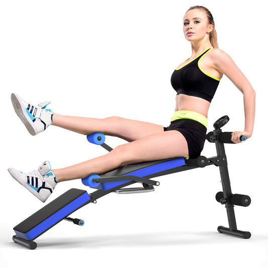 COSTWAY Folding Sit Up Bench, 5-level height adjustable training bench with monitor, incline bench, home trainer up to 150kg load capacity for sit-ups and leg lifts (Blue)