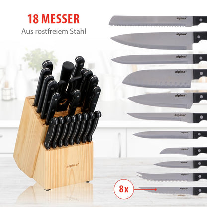 Alpina 22-Piece Knife Block Set - Kitchen Knife Set with Block - 18 Different Knives - Includes Sharpener and Non-Stick Coated Scissors - 21 x 15 x 22 CM - Wooden Knife Block