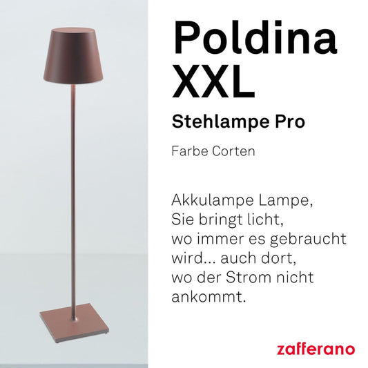 Saffron, Poldina XXL Lamp, Wireless, Rechargeable Floor Lamp with Touch Control, Suitable for Living Room and Outdoor use, Dimmer, 2700-3000 K, Adjustable Height 69-150 cm, Corten Color