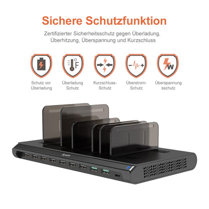 Alxum 120W USB Multi Mobile Charging Station with QC 3.0 Fast Charge & Type C Phone Charging Dock with 10 Ports and removable dividers (Black)