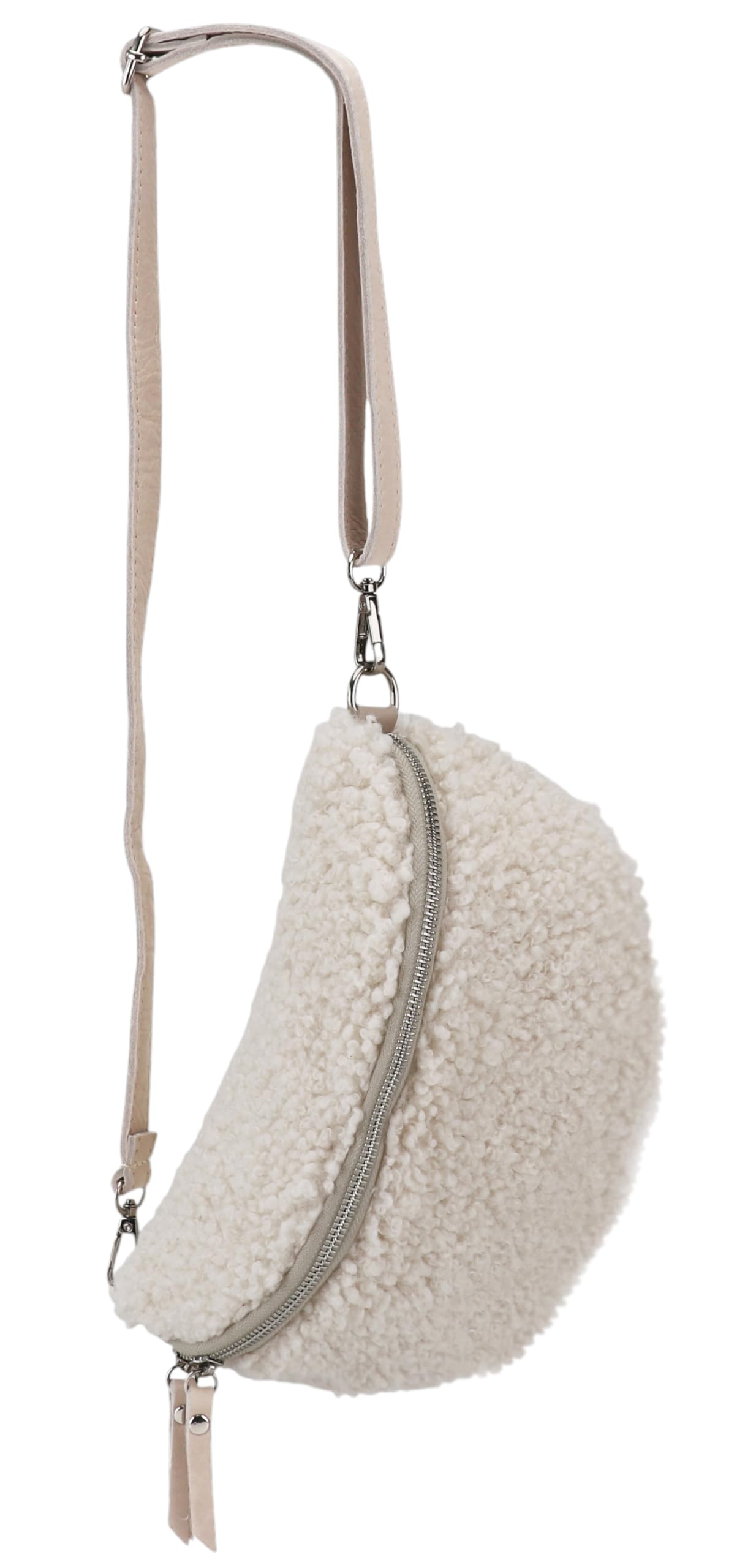 SH Leather® Teddy Plush Hip Bag Women's Belt Bag for Festival Travel Waist Bag Medium Crossbody Bag Women with genuine Leather Shoulder Strap 27x16cm Kate G358 (Beige/Silver Zipper, M)