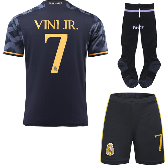 BlackAzat 2023/2024 Madrid Away #7 Vini Jr. Vinicius Soccer Football Kids Jersey Shorts Socks Set Youth Sizes (Navy,24)
