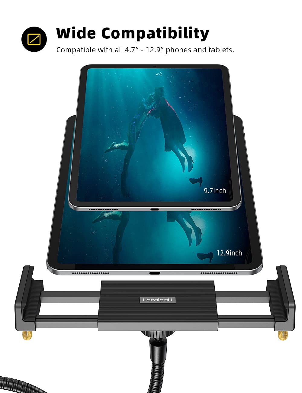 Lamicall Tablet Floor Stand, Tablet Holder - Gooseneck Mount with Adjustable Height and Stable Base weighing 4.8KG, for iPad 12.9, iPad Air Mini 2 3 4, Switch, Tab, and Tablets ranging from 4.7-13 inches.