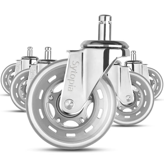 Sytopia office chair wheels 10mm, casters for office chairs 10mm x 22mm, rubber office chair casters 5-piece set for hard floors, parquet, laminate, floor protection mats, only compatible with IKEA office chairs (Silver)