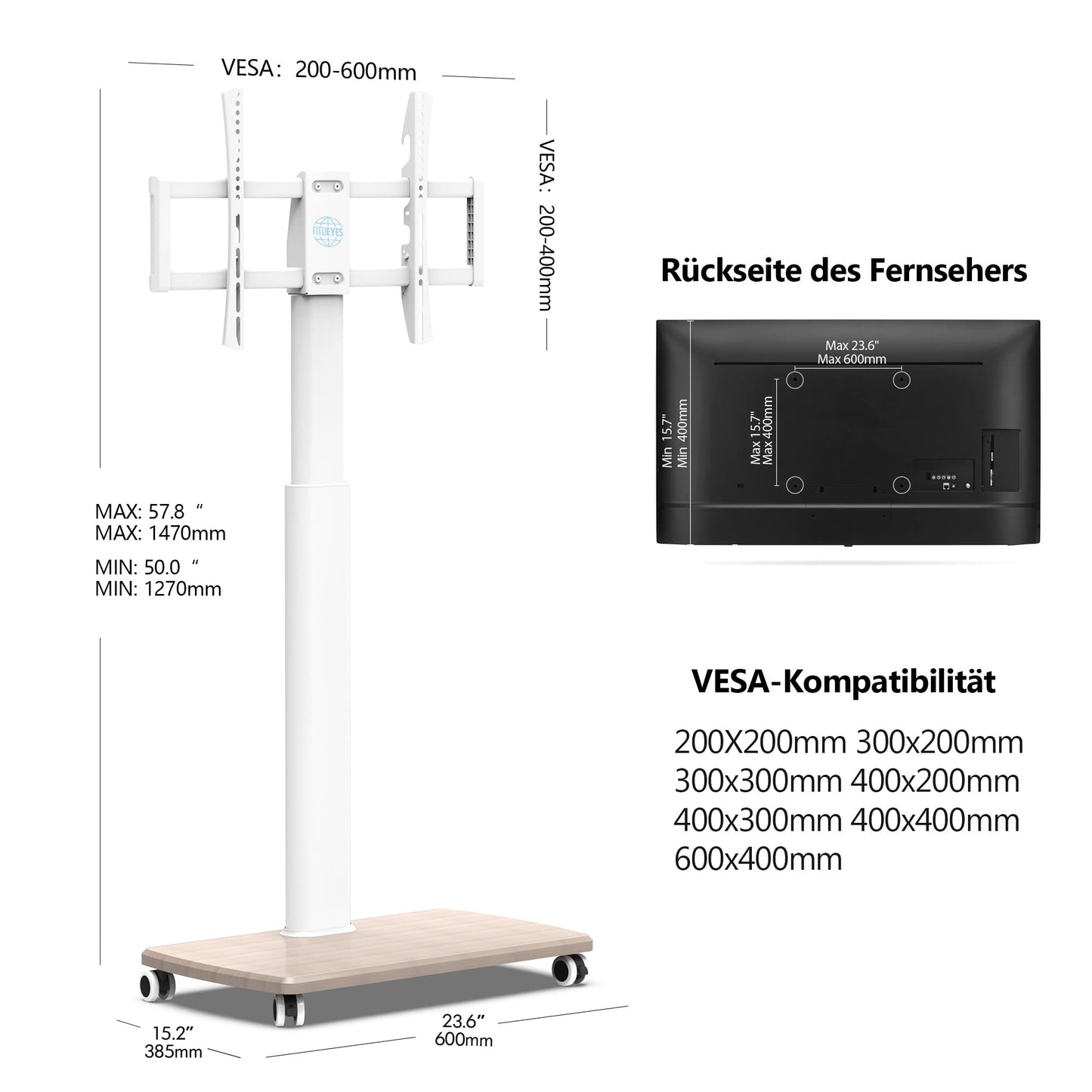 FITUEYES TV Floor Stand with Wood Shelf TV Stand Base TV Stand TV Stand with Wheels Height Adjustable Swivel for 32 to 70 Inch Flat Screen up to 40kg. Max. VESA. 400 * 600