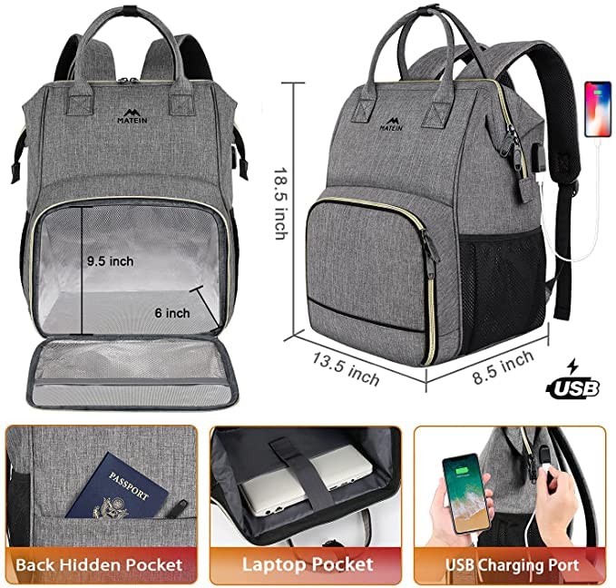 MATEIN Laptop Lunch Backpack, 17 Inch Picnic Backpack for Men and Women with Insulated Cooler Compartment, Waterproof Lunch Cooler Bag with USB Charging Port for Men Business Work Picnic, Gray