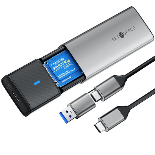NVMe Enclosure [Tool-less], SETMSPACE M2 SSD Enclosure [NVMe & SATA], M.2 SSD Enclosure with 2-in-1 Cable, M2 USB Adapter for M-Key and B&M-Key, Aluminum Gray M2 SSD Case.