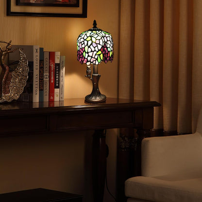 Kinbolas Tiffany Style Small Table Lamp, Vintage Lamp with Stained Glass Lampshades Wisteria and Owl Base, Art Nouveau Art Deco Nightstand Lamp for Bedroom, Country House 20cm / 8 inch with E14 LED Bulb (I-2)