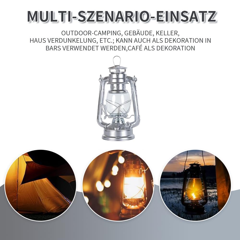 Outdoor kerosene lamp, retro storm lantern, suitable for indoor use, home, garden, camping, 25cm (silver)