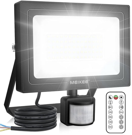 MEIKEE 60W LED floodlight with motion sensor, remote control, 5200LM super bright 6500K daylight white LED spotlight. IP66 waterproof with adjustable brightness and timing function. Perfect for garden, garage, yard.