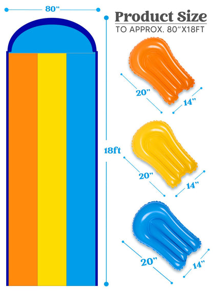 Sloosh 18ft/548cm Triple Lane Slide with 3 Bodyboards, Lawn Water Slide with Sprinkler for Kids and Adults, Outdoor Water Toy for Summer Fun.