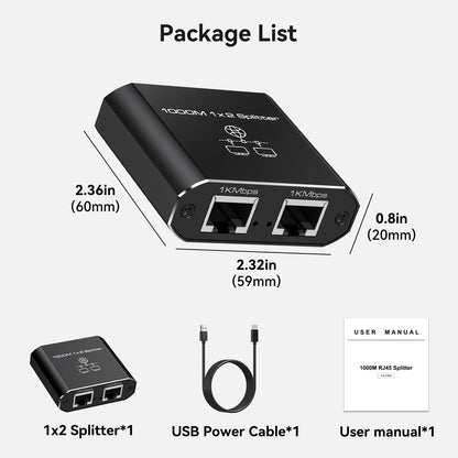 VEDINDUST LAN Splitter 1 to 2 1000Mbps Ethernet Splitter 2 Port With Type-C Power Cable Gigabit Switch for Computer, Hub, Router, Set-Top Box, Digital TV, etc.