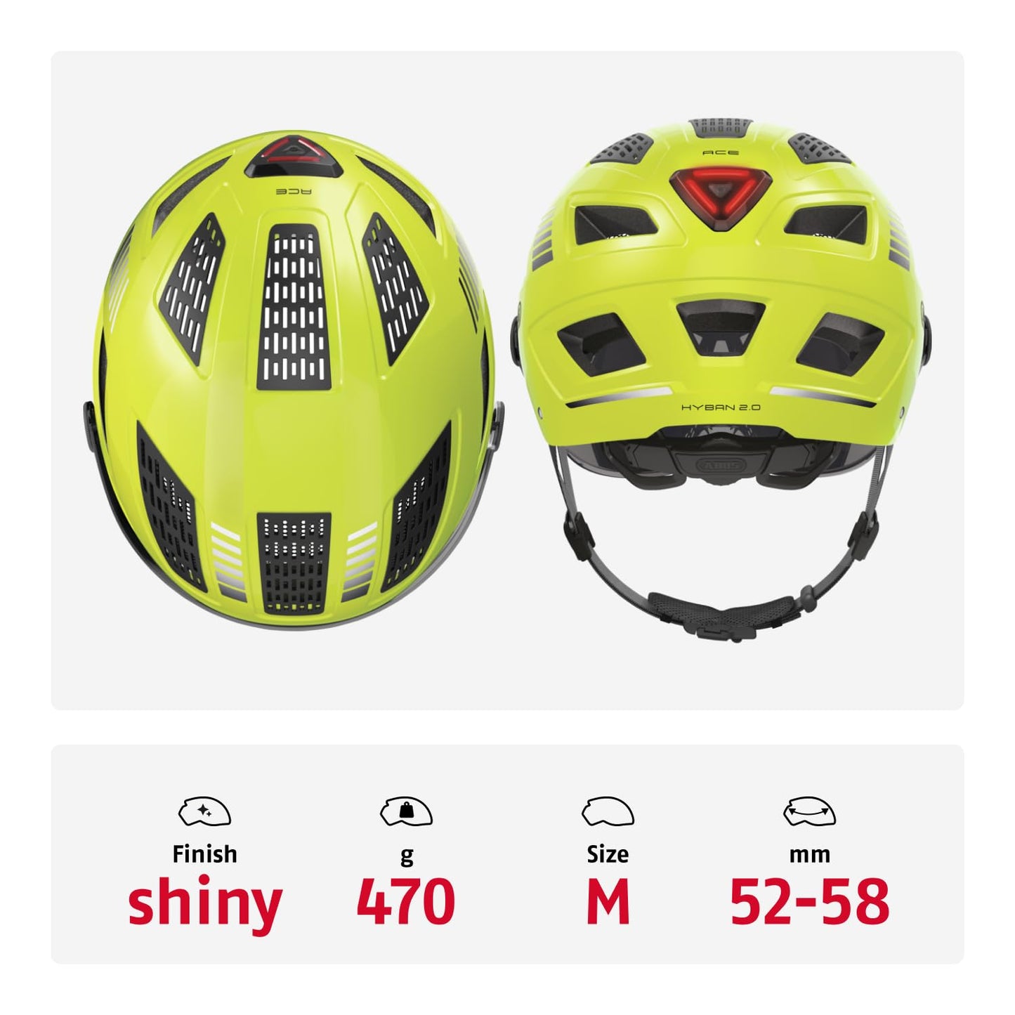 ABUS Urban Helmet Hyban 2.0 ACE - Bike helmet with visor, light, and ABS hard shell - for men and women - Yellow, size M, M (52-58 cm)