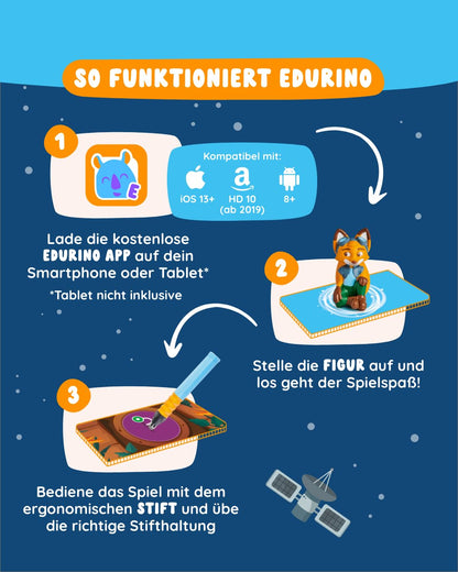 Edurino 3-in-1 Starter Kit | 3 learning games | for ages 4+ | Digital learning game with Mika First Reading & Writing, Robin First Numbers & Quantities, Yuki Creativity including pen