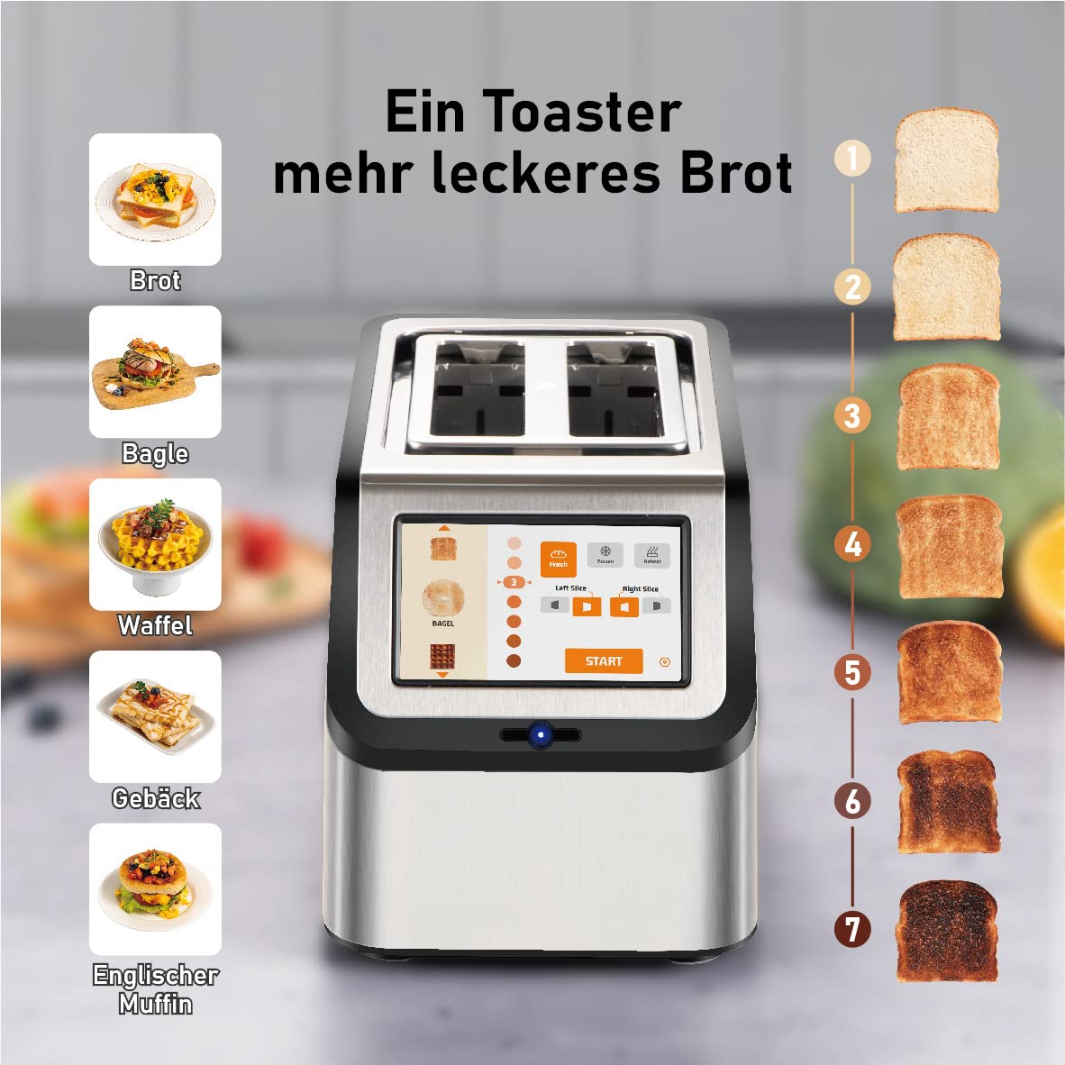 Smart toaster with touchscreen, KETIAN 2-slice toaster, auto shut-off, auto lift & bread centering, stainless steel, 1400W