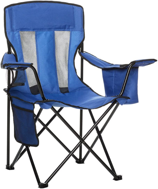 Amazon Basics camping chair with cooler, regular, mesh, blue.