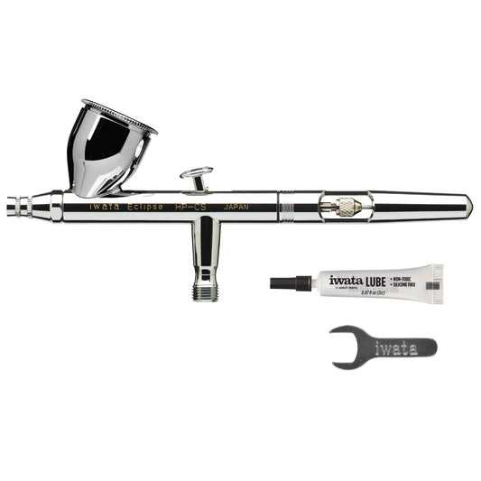Iwata-Medea Eclipse HP CS Dual Action airbrush gun with gravity feed cup.