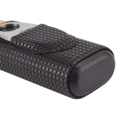 Black leather travel humidor made of cedar wood with 2 tubes and cigar cutter.