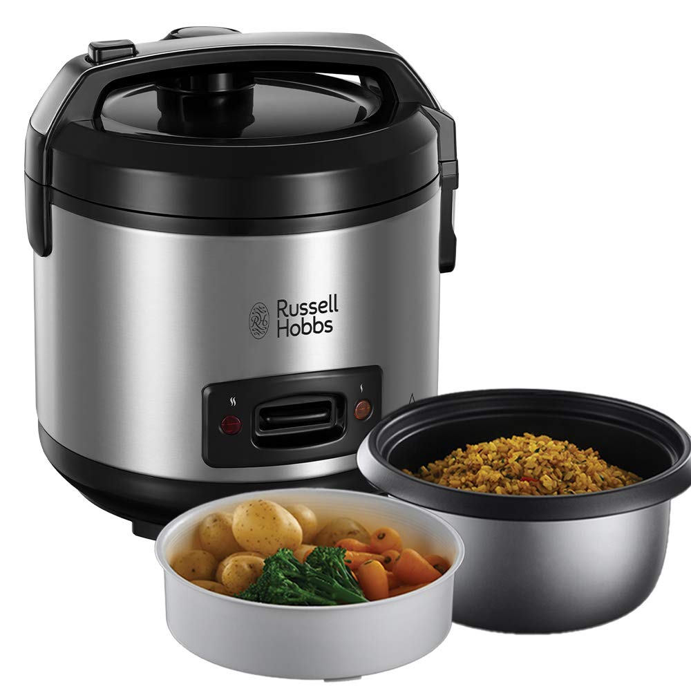 Russell Hobbs Rice Cooker 1.2L with Steamer - includes aroma lid (keep warm function, non-stick cooking pot, rice spoon & measuring cup, stainless steel) 27080-56