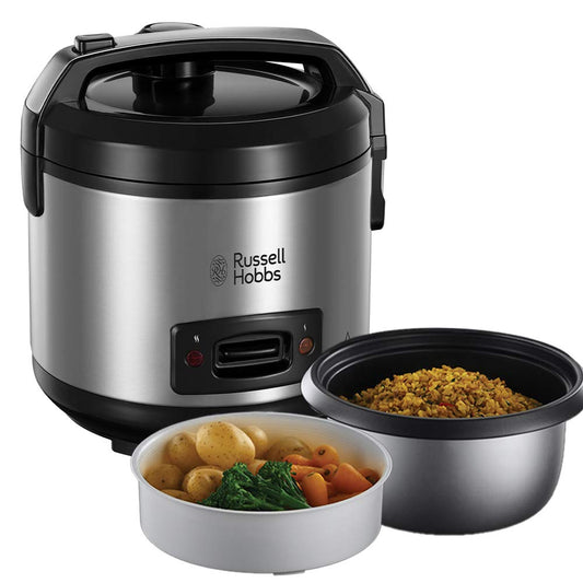 Russell Hobbs Rice Cooker 1.2L with Steamer - includes aroma lid (keep warm function, non-stick cooking pot, rice spoon & measuring cup, stainless steel) 27080-56