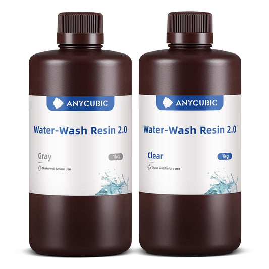 Water Washable Resin 2.0, ANYCUBIC 3D Printer Resin Water Washable, UV Resin 405nm Standard Photopolymer Resin Low Odor for 4/6/8K LCD 3D Printer (Gray+Clear,1000g,2pcs)