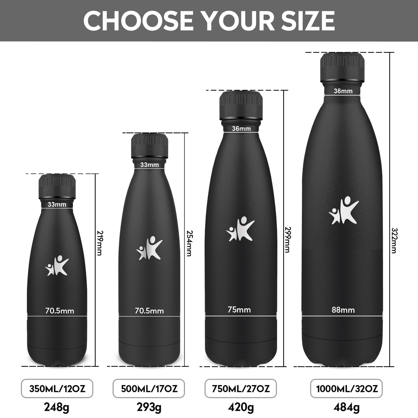 KollyKolla Stainless Steel Kids Water Bottle, 500ml, Vacuum Insulated Thermos Flask, Leakproof Thermos Bottle, BPA-Free, Carbonated Water Compatible, for School, Office, Sports, Travel - Black
