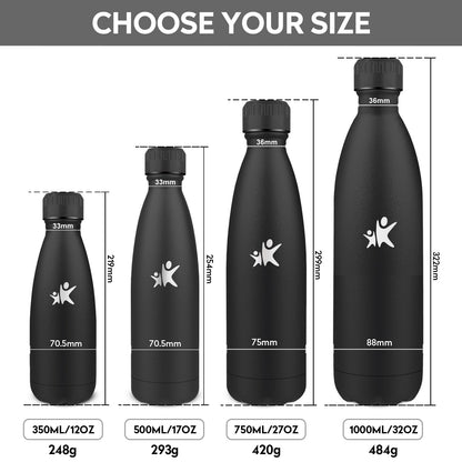 KollyKolla Stainless Steel Kids Water Bottle, 500ml, Vacuum Insulated Thermos Flask, Leakproof Thermos Bottle, BPA-Free, Carbonated Water Compatible, for School, Office, Sports, Travel - Black