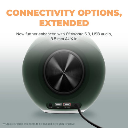 CREATIVE Pebble Pro 2.0 USB-C PC speakers with Bluetooth 5.3 and customizable RGB lighting, USB audio, and headphone/microphone jack.