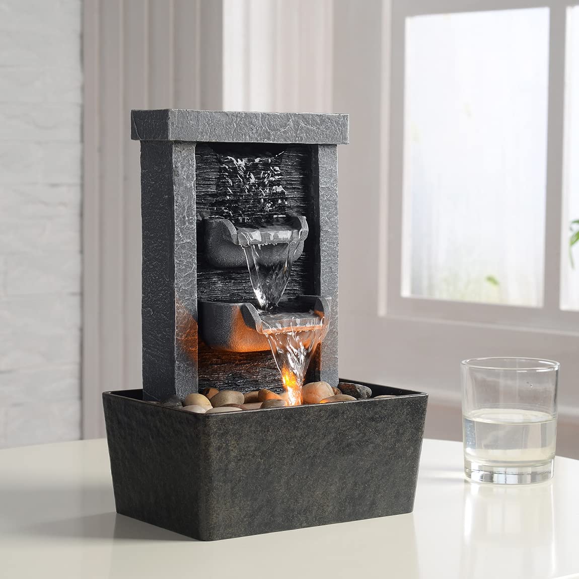 Waterfall fountain for indoor use, relaxation, high-pressure water pumps, tabletop fountain, water fountain with reflective lighting/river rocks, home/office decor (21097)