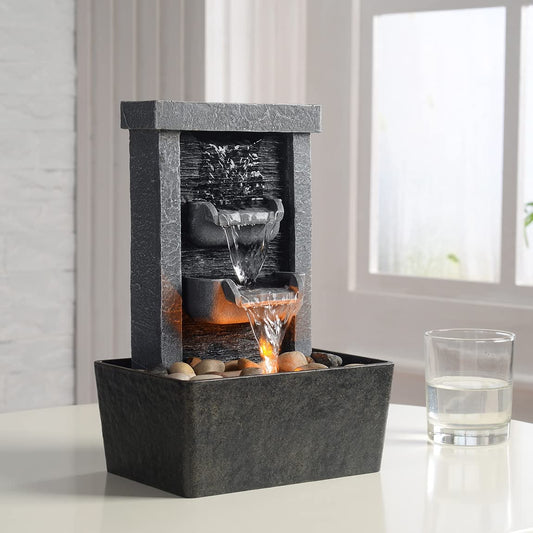 Waterfall fountain for indoor use, relaxation, high-pressure water pumps, tabletop fountain, water fountain with reflective lighting/river rocks, home/office decor (21097)