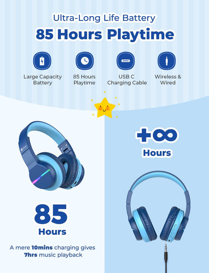iClever Bluetooth Kids Headphones, Colorful LED Lights, Over-Ear Kids Headphones with 74/85dBA Volume Limitation, 85 Hours Playtime, Bluetooth 5.2, Built-in Microphone BTH12