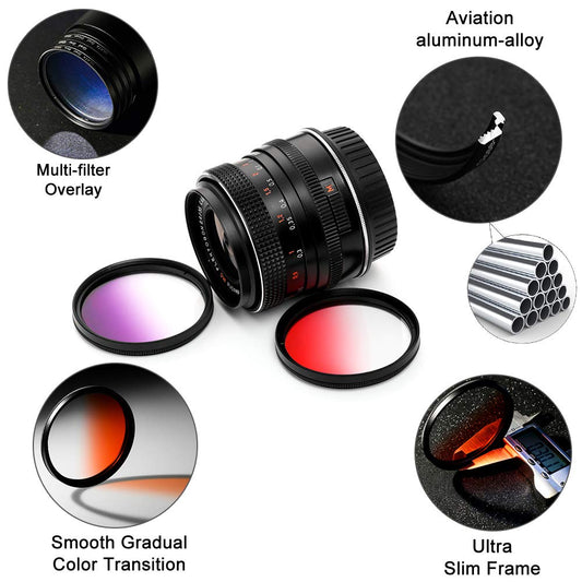 Set of 9 graduated color filters for Canon Nikon Sony Pentax Olympus Fuji DSLR camera + lens filter case + cleaning cloth.
