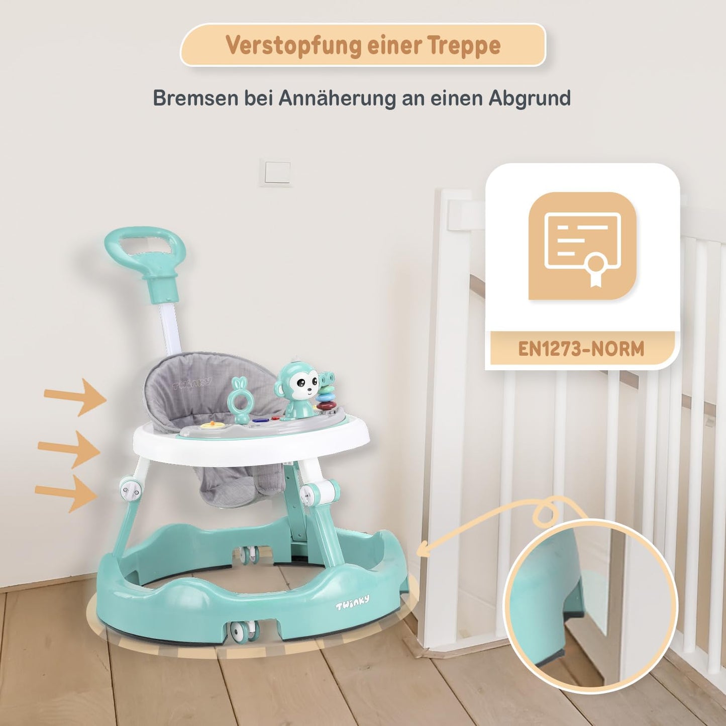 Twinky® walking aid with playset & floor mat - Sturdy 4-way adjustable preschool walking aid - Perfect as a walking aid for your little one's first steps (Mint Green)