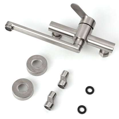 Wall-mounted stainless steel kitchen faucet, 360° rotatable, cold and hot water mixer, swivel arm 23cm, brushed.