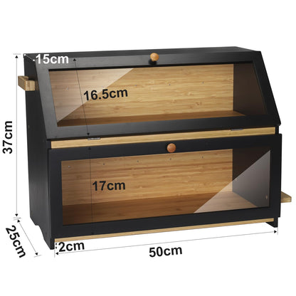 Leader Accessories Bamboo Bread Box 2-Layer Bread Bin with Bread Cutting Board food safe Bread Storage easy to clean 50x25x37cm Black