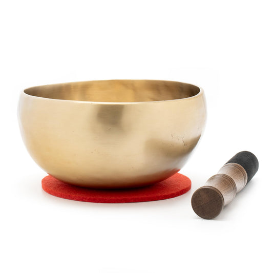 Hand-crafted singing bowl set with felt pad and wooden mallet, presented in a gift box with lotus design -5095-A-