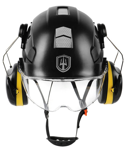 GREEN DEVIL protective helmet work helmet with clear visor and ear protection earmuffs Adjustable ABS safety helmet Ventilated construction helmet Industrial helmet (Black)