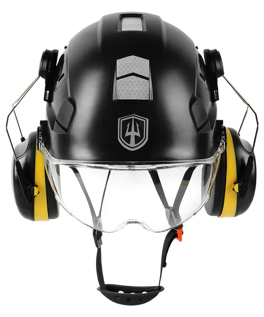 GREEN DEVIL protective helmet work helmet with clear visor and ear protection earmuffs Adjustable ABS safety helmet Ventilated construction helmet Industrial helmet (Black)