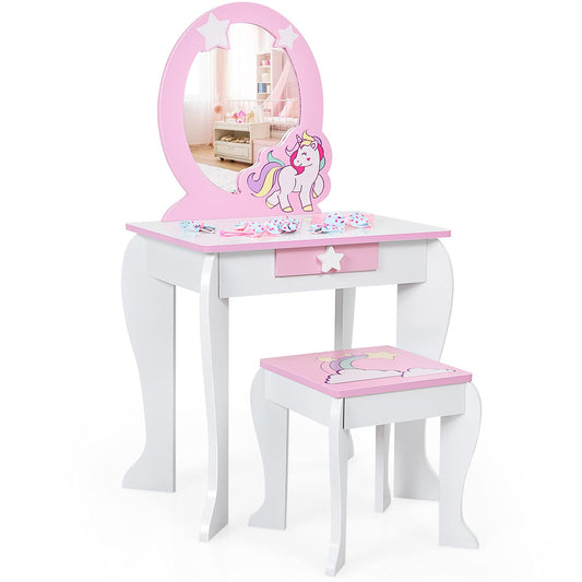 DREAMADE Kids Vanity Set with Stool and Removable Mirror, Princess Vanity Table for Kids, Dressing Table with Drawer, Kids Vanity for Girls (White)