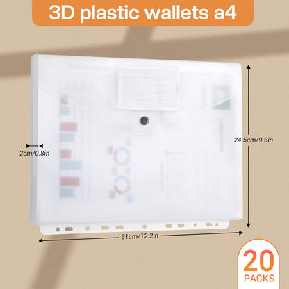 DATEFUN Document Pouch A4 20 Pack, Three-dimensional Document Folder A4, Transparent File Folder A4 with Binder Holes and Label Pocket, Holds 300 Papers (White)