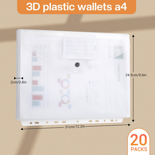 DATEFUN Document Pouch A4 20 Pack, Three-dimensional Document Folder A4, Transparent File Folder A4 with Binder Holes and Label Pocket, Holds 300 Papers (White)