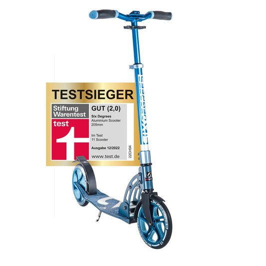 Six Degrees Aluminum Scooter with folding mechanism and stand, 205 mm, height adjustable, GS tested, blue, TEST WINNER