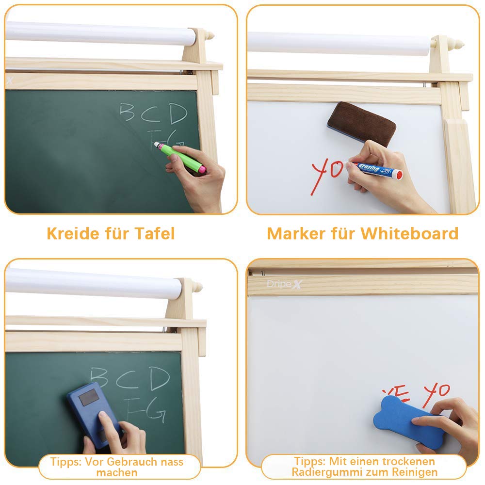 Dripex Kids Art Easel with Paper Roll Double-Sided Board and Magnetic Board for Children Painting Upgrade Whiteboard Chalkboard (Wood Color)