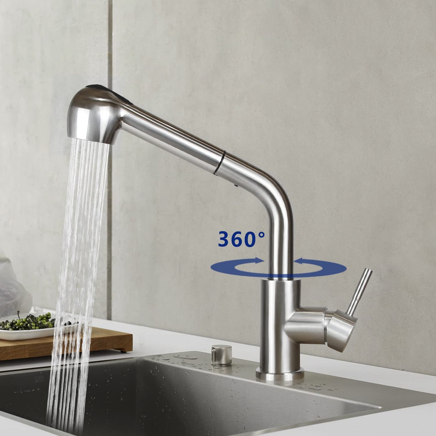 Wall-mounted kitchen faucet with pull-out sprayer: Brushed stainless steel faucet with hand shower mixer tap sink faucet with 2 spray modes 360° rotatable kitchen tap for sink garden bathroom