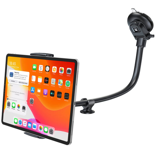 APPS2Car tablet holder for car, suitable for 7.9-11 inch tablets like iPad mini/9.7/10.2/10.5 and more. Features a 13" long arm, anti-vibration design, and 360 degree adjustability.