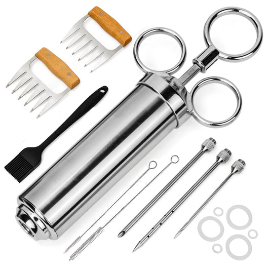 Pulled Pork set including meat injector, stainless steel baster 60ml marinade injector 1 marinade brush 3 needles 1 pair of meat claws - meat injector with Pulled Pork set for BBQ grill meat beef