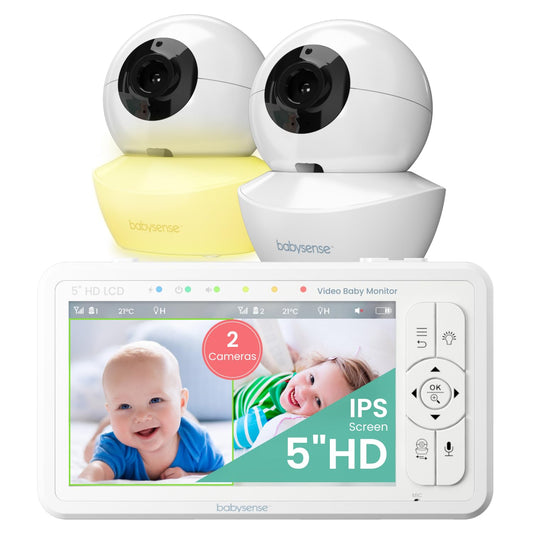 Babysense Baby Monitor HD 5 Inch with 2 Cameras, Video Baby Monitor without WiFi, Night Light, Lullabies, 300m Range, Two-Way Audio, 4x Zoom, 4000mAh Battery