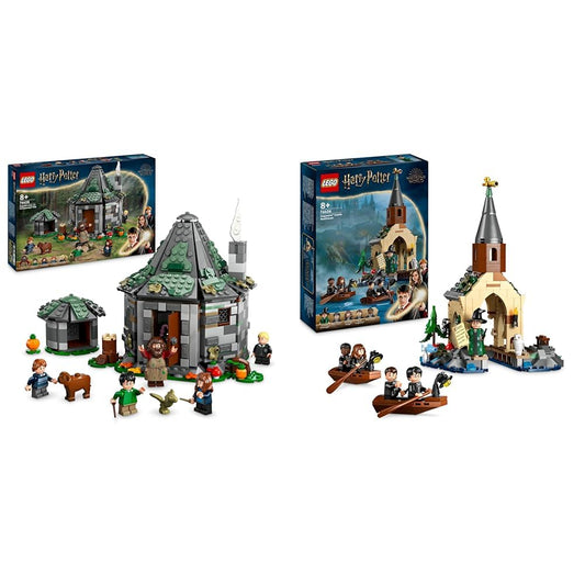 LEGO Harry Potter Hagrid's Hut: A Unexpected Visit set with 5 mini-figures and 2 animal figures & Harry Potter Hogwarts Castle Boathouse toy model for kids