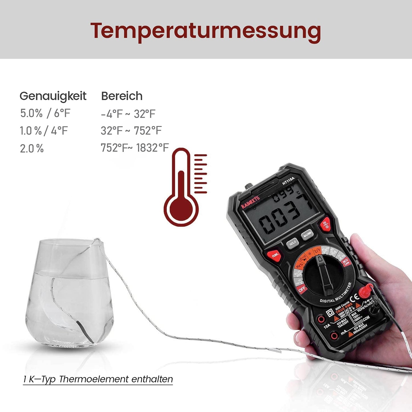 KAIWEETS Digital Multimeter with LED jacks, True RMS Auto-Range 6000 Counts, measures voltage, capacitance, temperature, resistance for electricians.