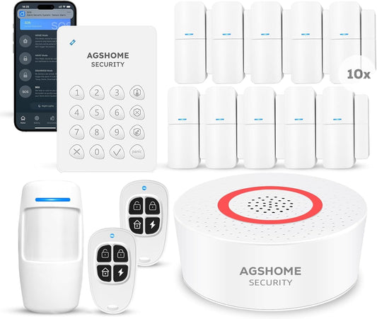 AGSHOME Wireless Alarm System, 15 Piece, WiFi, Security, Burglar System Wireless, 120 dB, Home Security Sets, Expandable - Compatible with Alexa, Google Assistant.